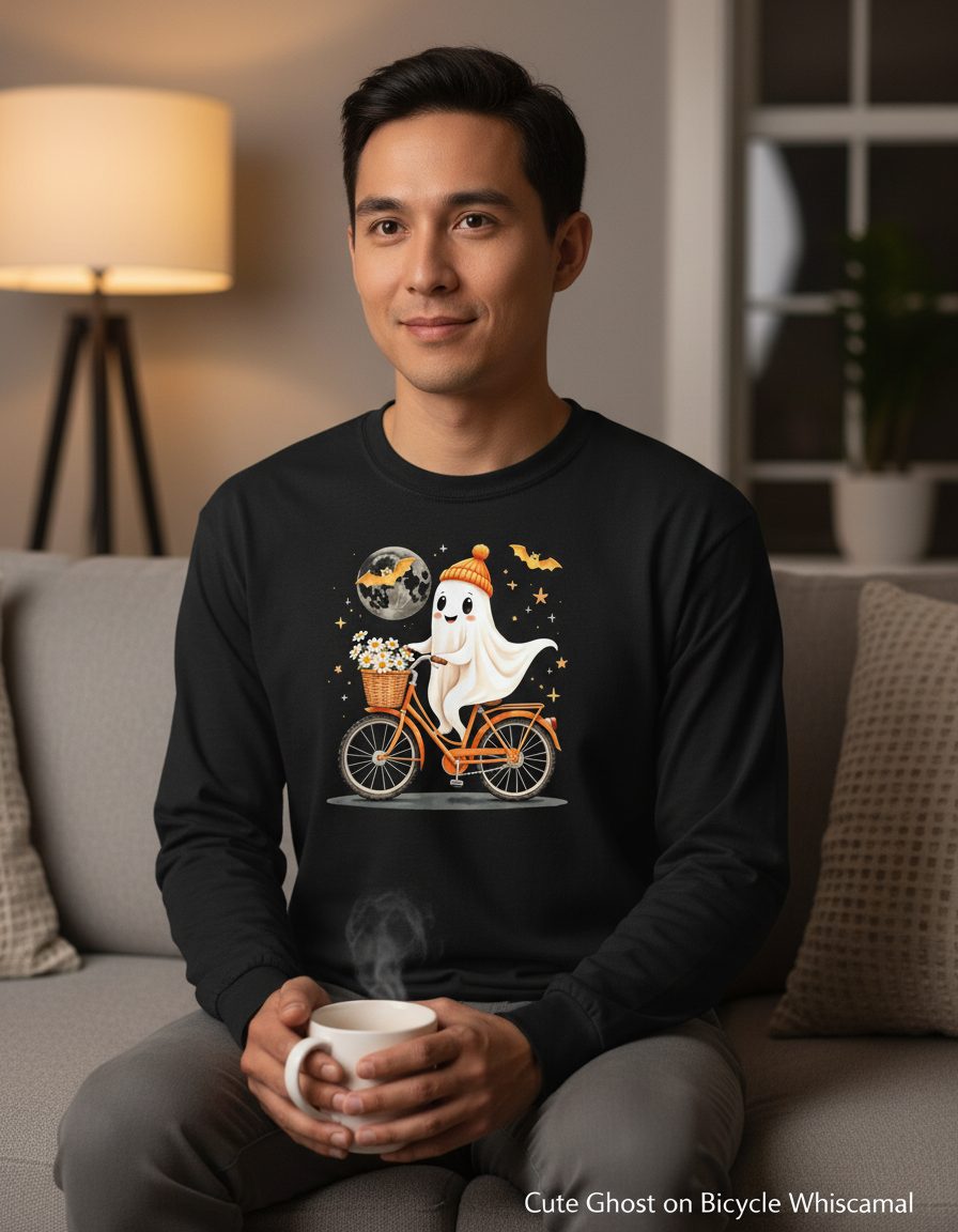 Cute Ghost on Bicycle cute ghost Long Sleeve Tee Black lifestyle mockup