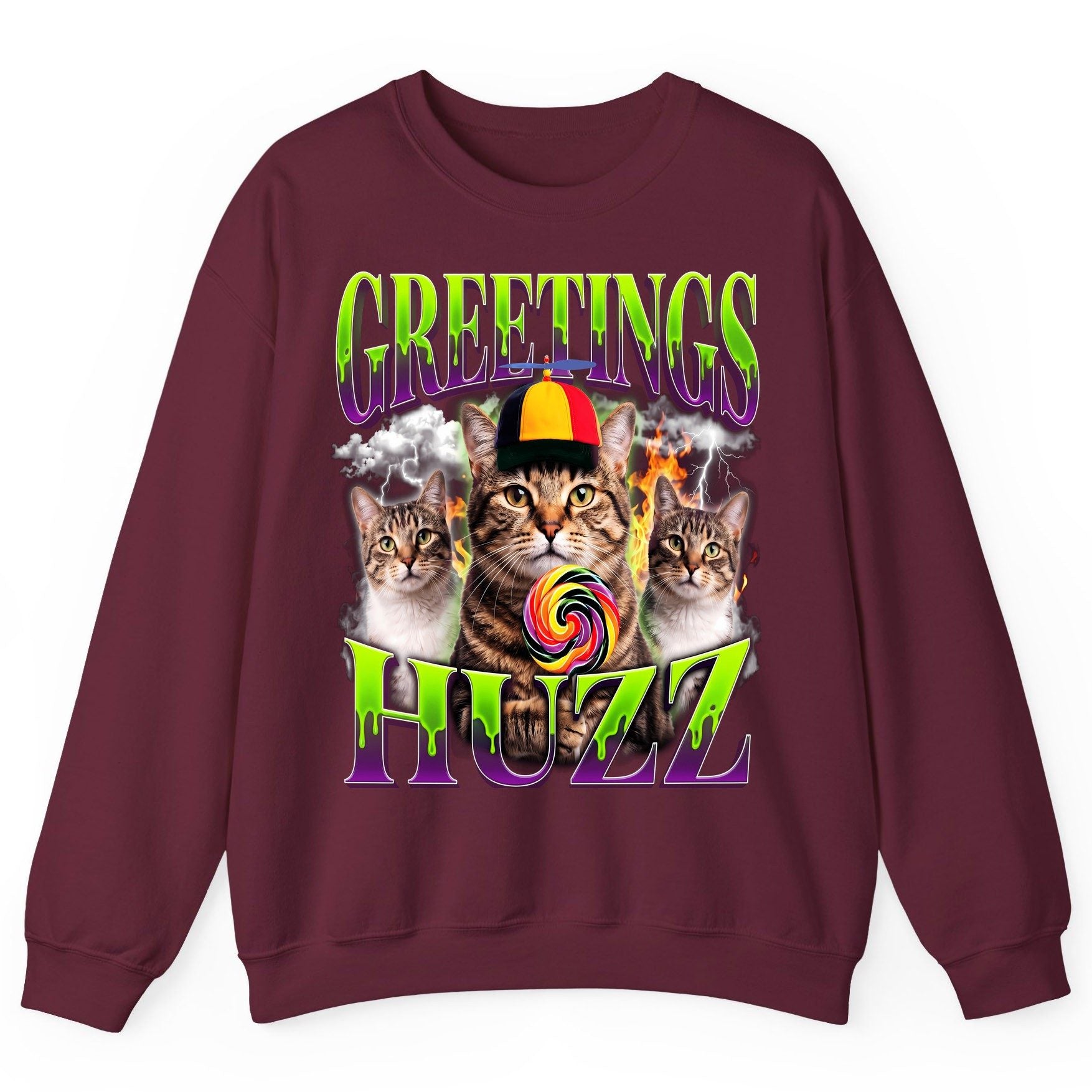 Greetings HUZZ Funny Cat Sweatshirt - product mockup - Maroon