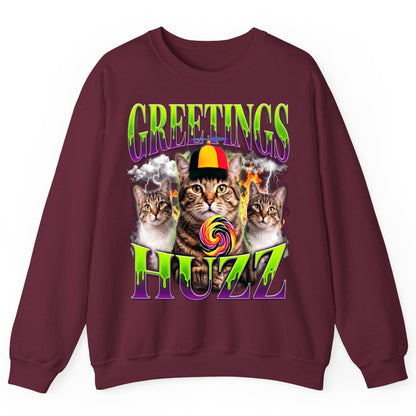 Greetings HUZZ Funny Cat Sweatshirt - product mockup - Maroon