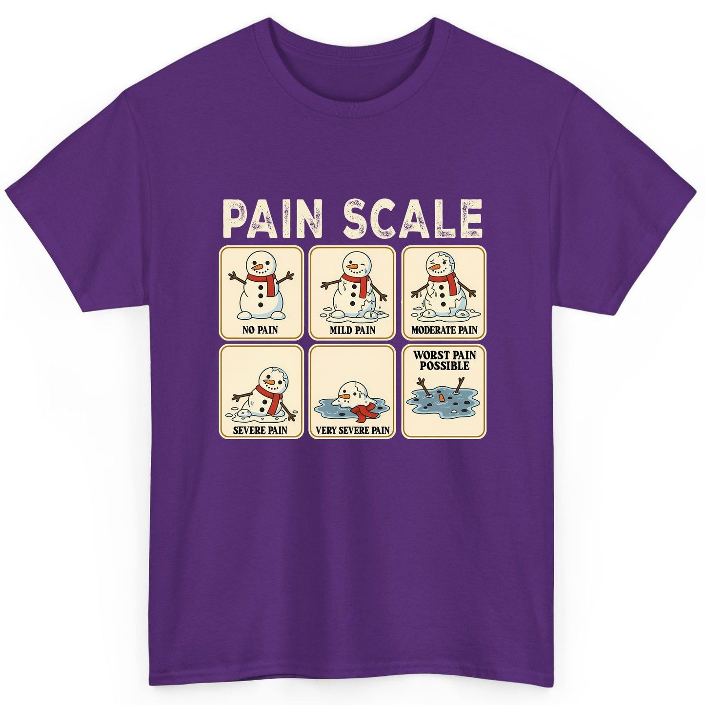 Pain Scale No Pain Mild Pain Moderate Pain Severe Pain Very Severe Pain Worst Pain Possible snowman T-Shirt Purple product