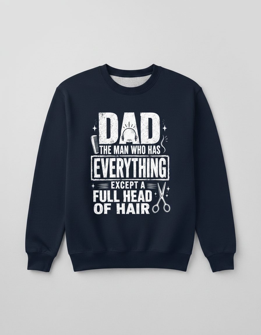 Dad the Man Who Has Everything Except a Full Head of Hair Funny Humor Sweatshirt - product mockup - Navy