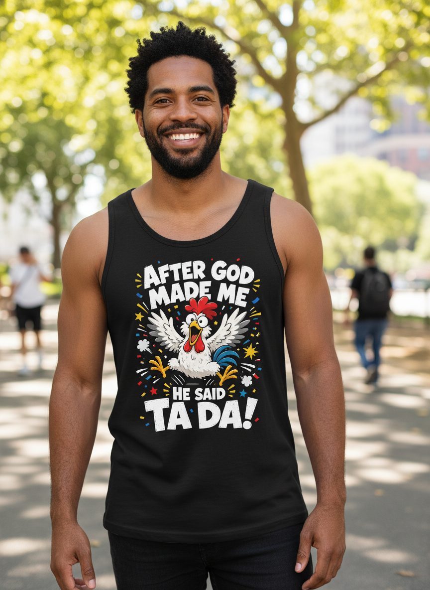 After God Made Me He Said Ta Da Funny Rooster Tank Top - lifestyle model mockup - Black