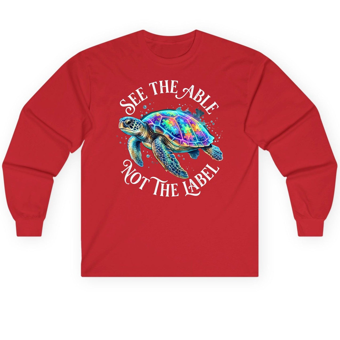See the Able Not the Label Autism Awareness Long Sleeve Tee - product mockup - Red