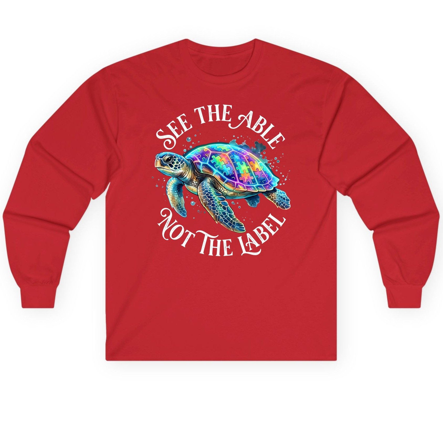 See the Able Not the Label Autism Awareness Long Sleeve Tee - product mockup - Red