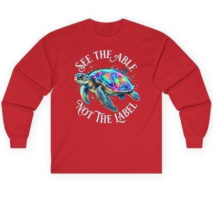 See the Able Not the Label Autism Awareness Long Sleeve Tee - product mockup - Red