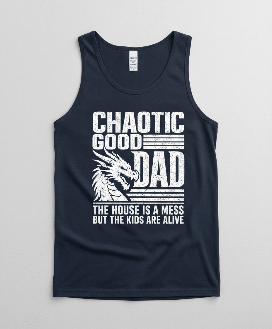 CHAOTIC GOOD DAD THE HOUSE IS A MESS BUT THE KIDS ARE ALIVE Funny Chaotic Good Dad Dragon Tank Top - product mockup - Navy