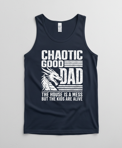 CHAOTIC GOOD DAD THE HOUSE IS A MESS BUT THE KIDS ARE ALIVE Funny Chaotic Good Dad Dragon Tank Top - product mockup - Navy