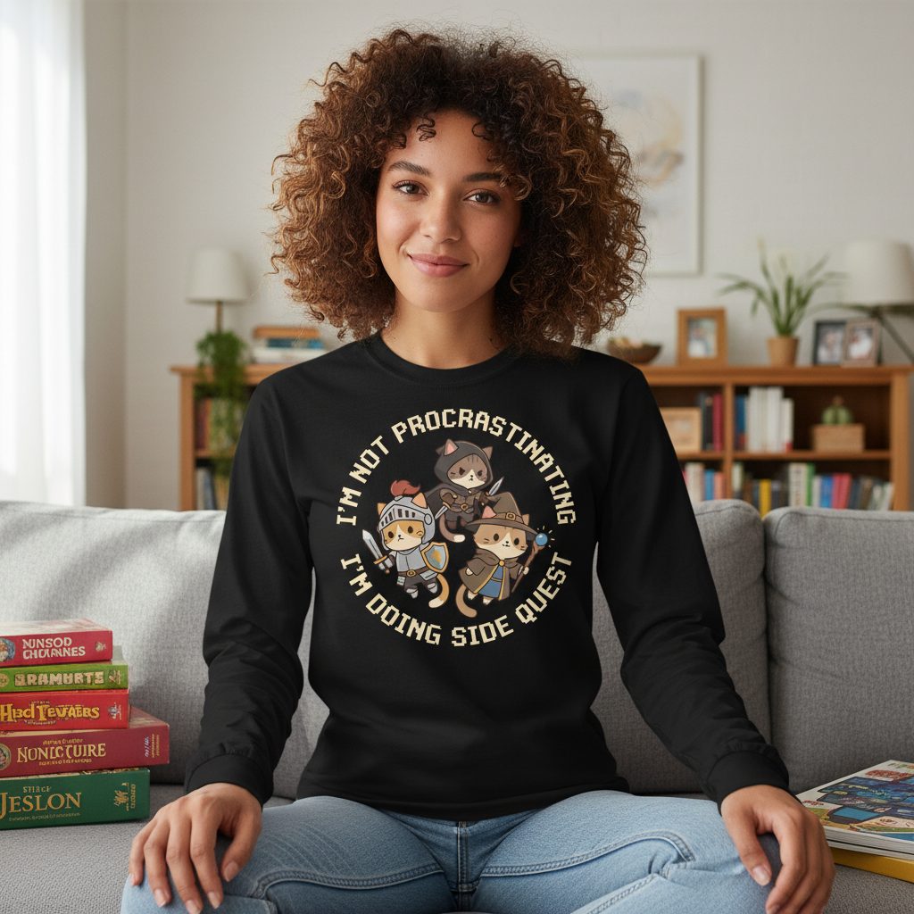I'm Not Procrastinating I'm Doing Side Quest rpg cats Long Sleeve Tee Black lifestyle mockup