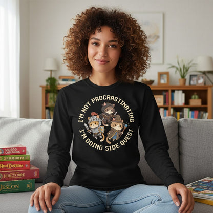 I'm Not Procrastinating I'm Doing Side Quest rpg cats Long Sleeve Tee Black lifestyle mockup