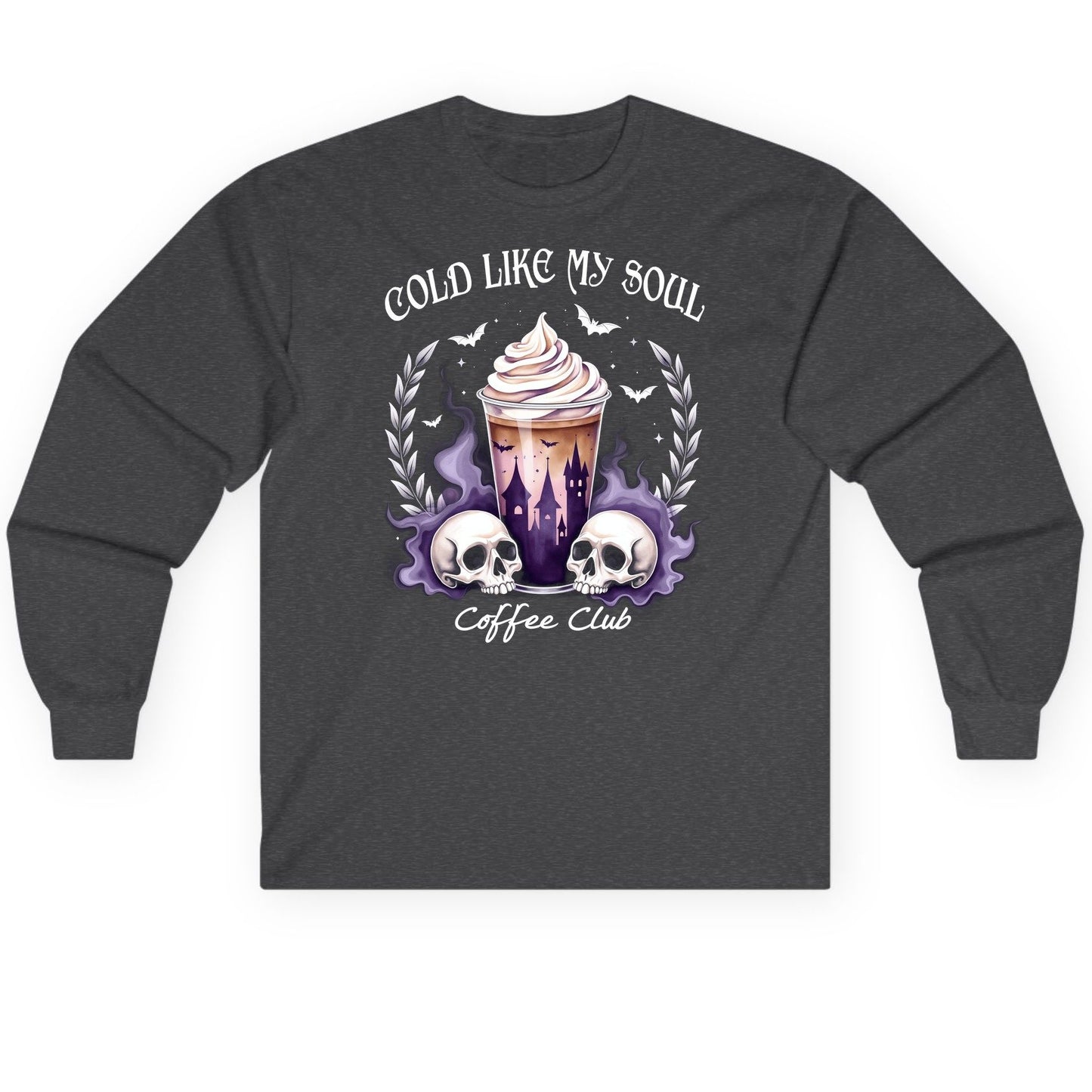 Cold Like My Soul Coffee Club gothic iced coffee Long Sleeve Tee Dark Heather product mockup