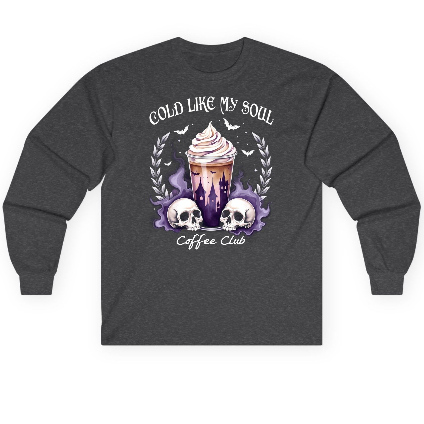 Cold Like My Soul Coffee Club gothic iced coffee Long Sleeve Tee Dark Heather product mockup
