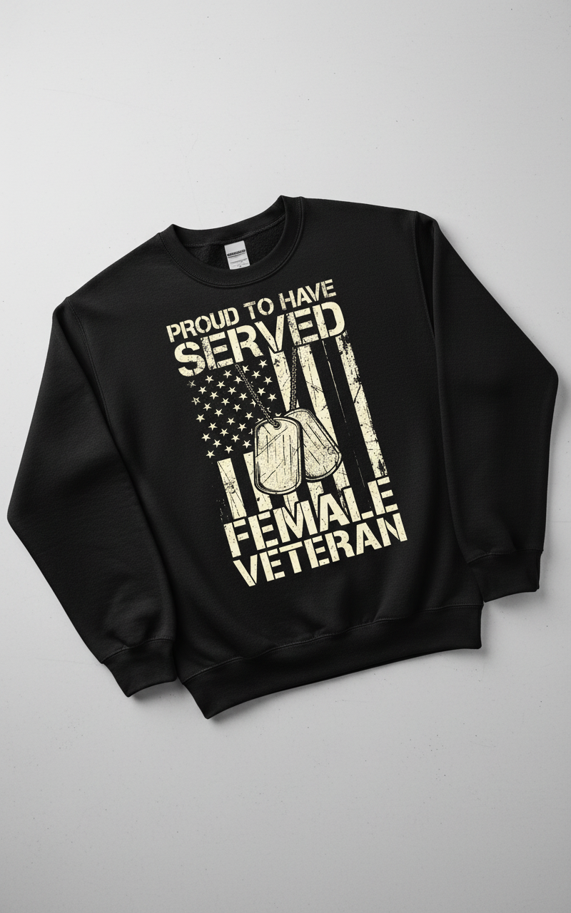 Proud Female Veteran American Flag Dog Tags Design Sweatshirt - Black