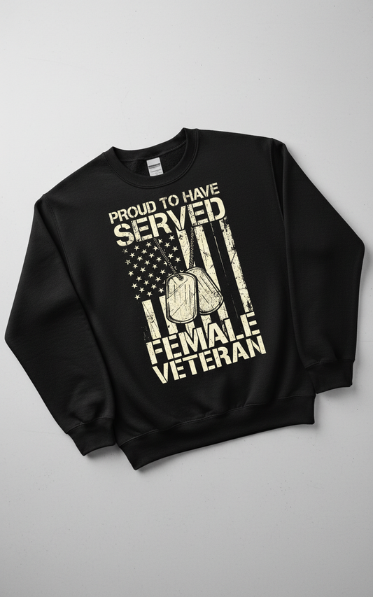 Proud Female Veteran American Flag Dog Tags Design Sweatshirt - Black