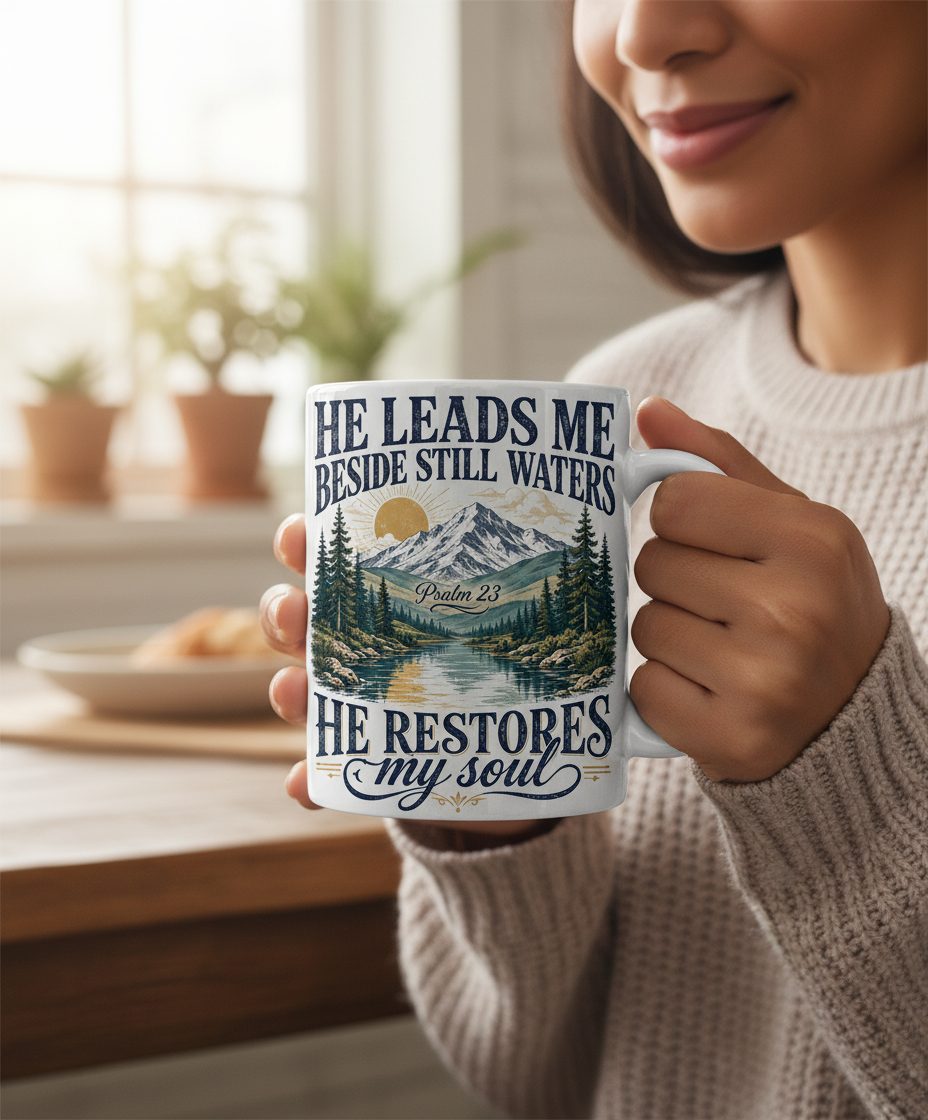 He Leads Me Beside Still Waters He Restores My Soul White Mug - lifestyle model mockup - White