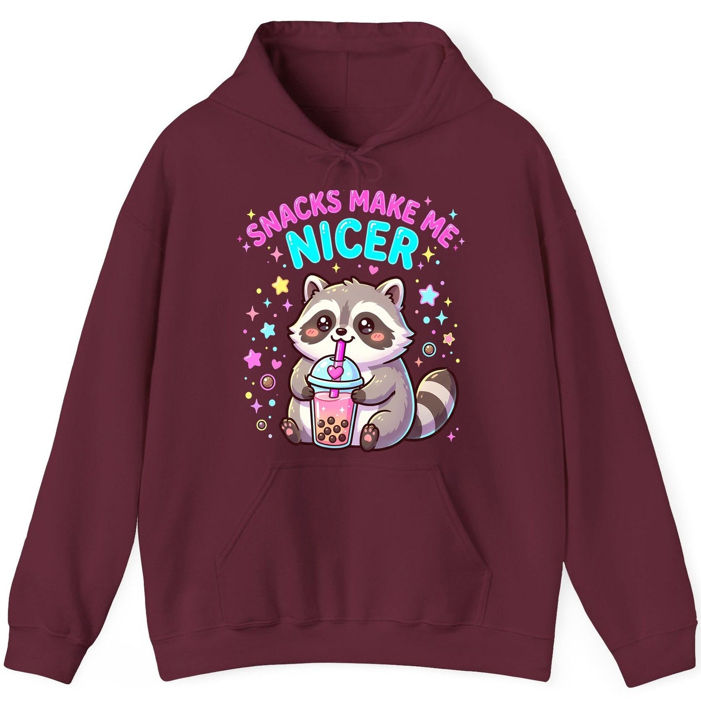 SNACKS MAKE ME NICER Funny Raccoon Hoodie - product mockup - Maroon