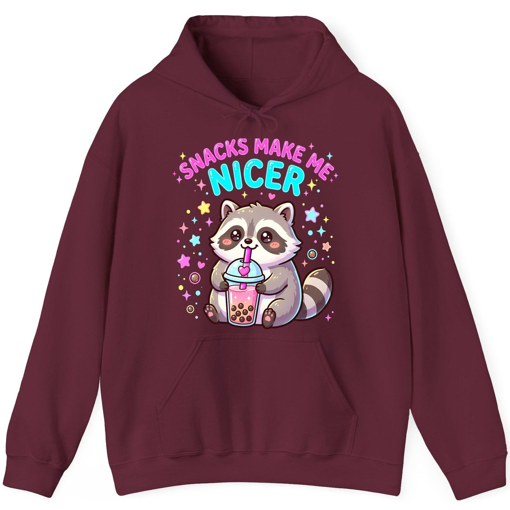 SNACKS MAKE ME NICER Funny Raccoon Hoodie - product mockup - Maroon