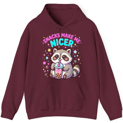 SNACKS MAKE ME NICER Funny Raccoon Hoodie - product mockup - Maroon