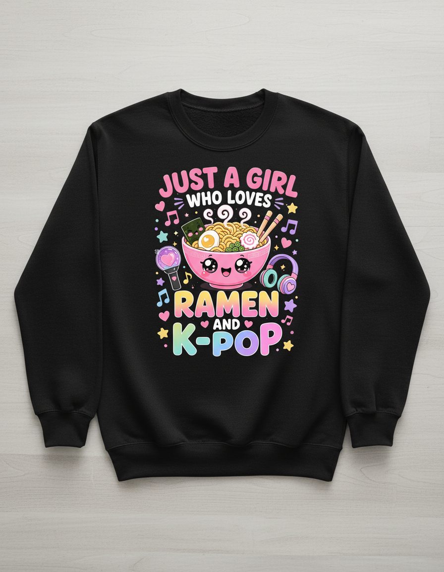 Just a Girl Who Loves Ramen and K-Pop K-Pop Fans Sweatshirt - product mockup - Black