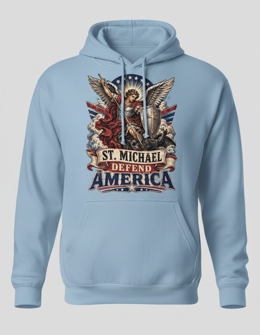 St Michael Defend America Vintage Patriotic Christian Hoodie - product mockup - Light Blue