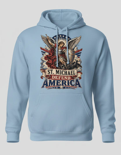 St Michael Defend America Vintage Patriotic Christian Hoodie - product mockup - Light Blue