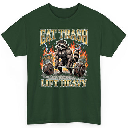 Eat Trash Lift Heavy weightlifting raccoon T-Shirt Forest Green product mockup