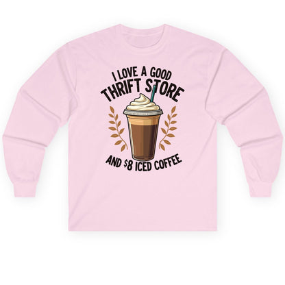 I Love a Good Thrift Store and 8 Iced Coffee coffee and thrifting Long Sleeve Tee Light Pink product mockup