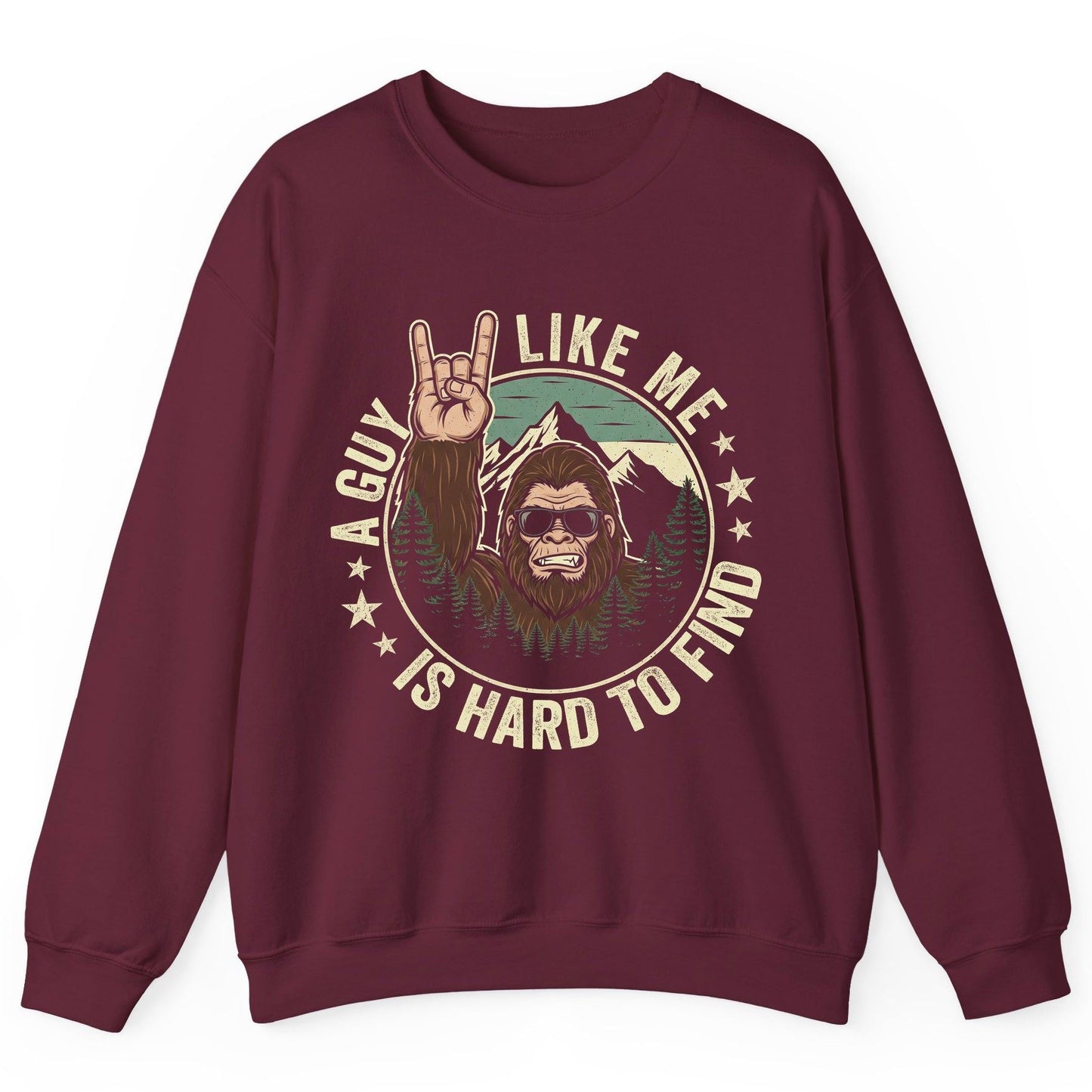 A Guy Like Me Is Hard to Find bigfoot Sweatshirt Maroon product mockup
