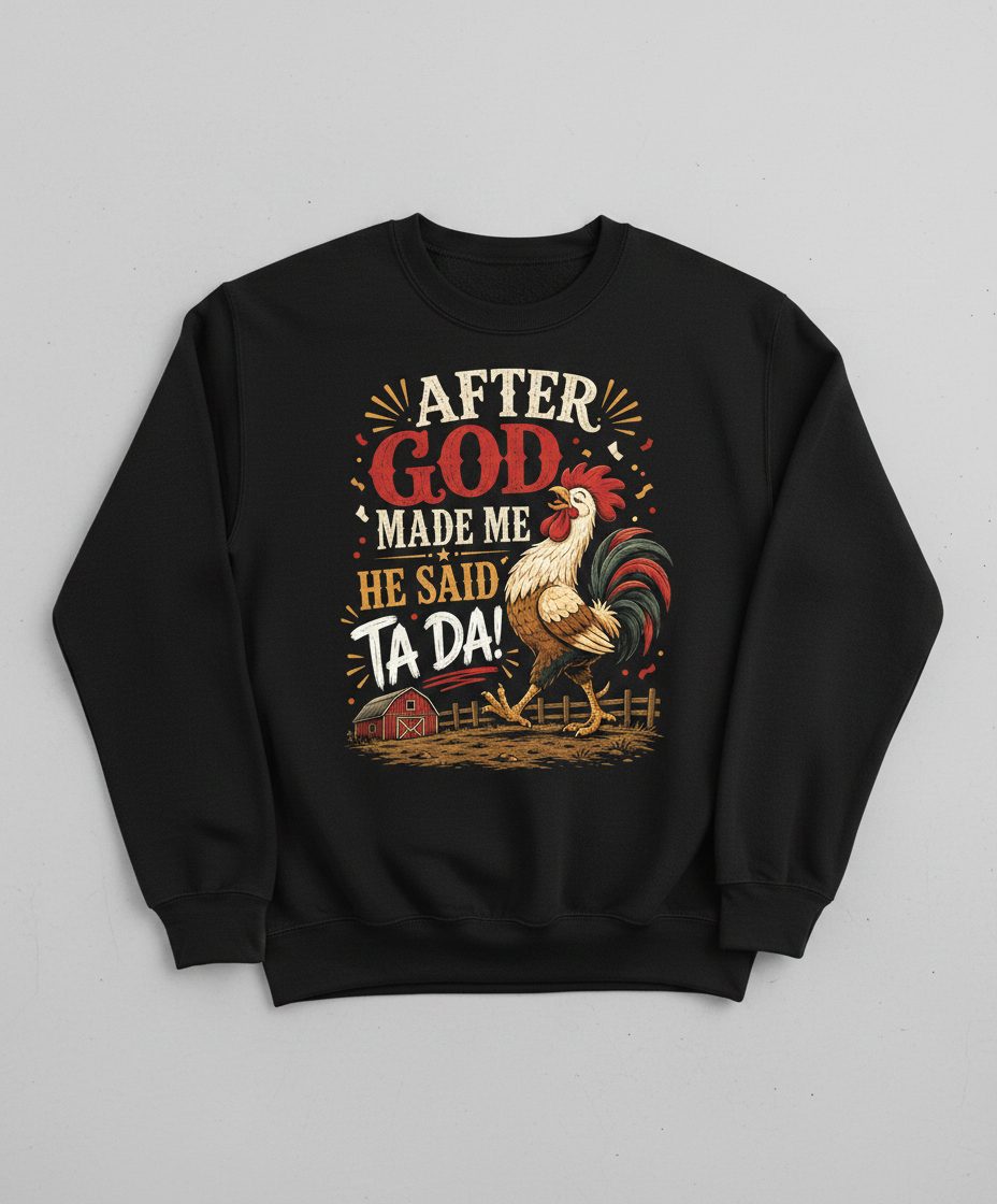 AFTER GOD MADE ME HE SAID TA DA Funny Rooster Sweatshirt - product mockup - Black