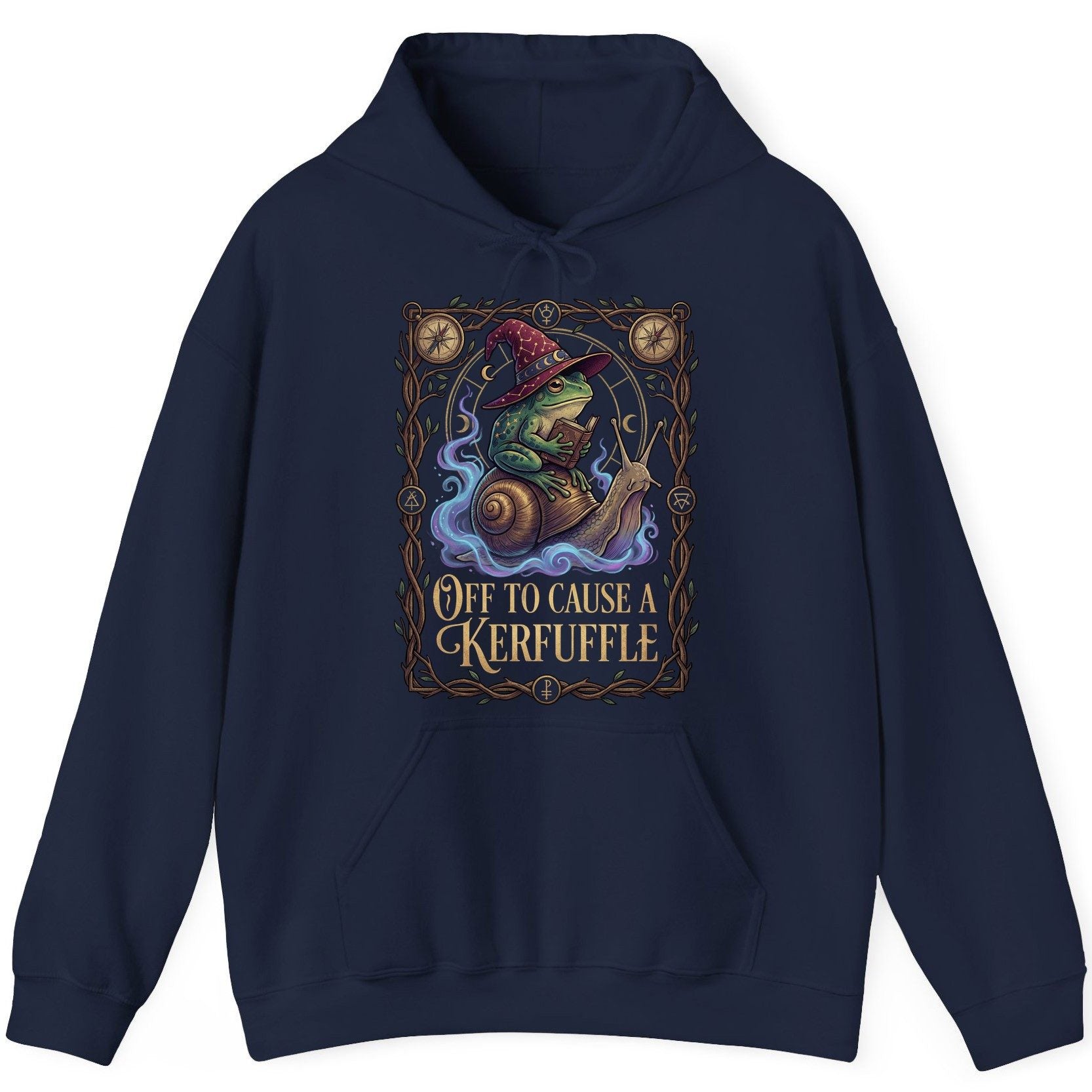 Off to Cause a Kerfuffle frog wizard Hoodie Navy product mockup