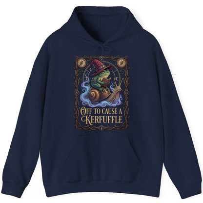 Off to Cause a Kerfuffle frog wizard Hoodie Navy product mockup
