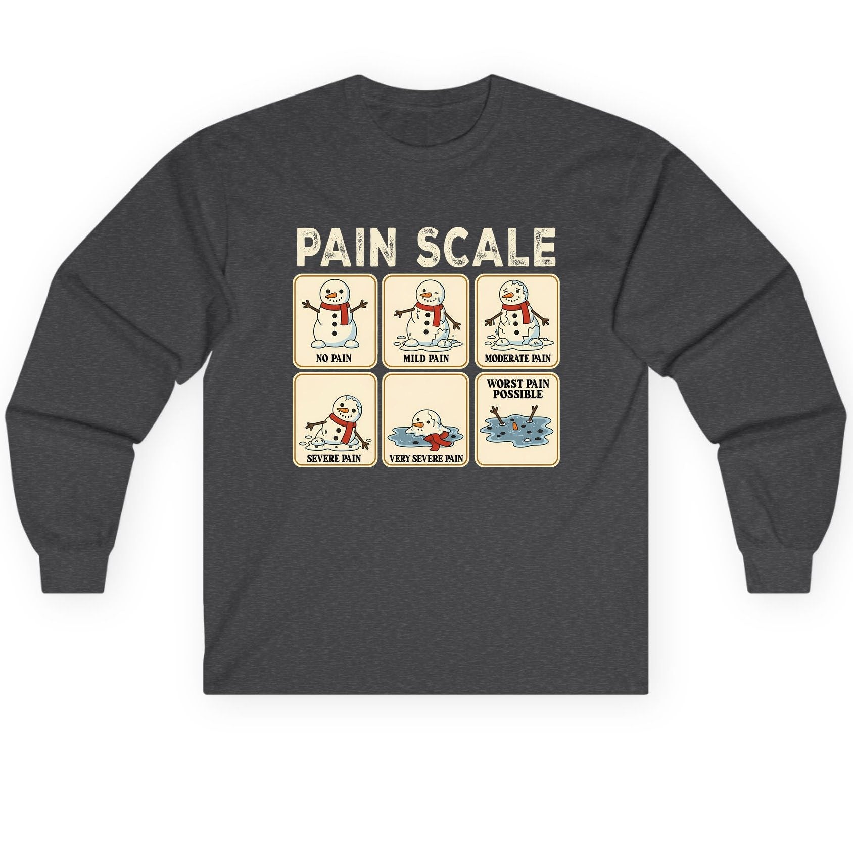 Pain Scale No Pain Mild Pain Moderate Pain Severe Pain Very Severe Pain Worst Pain Possible snowman Long Sleeve Tee Dark