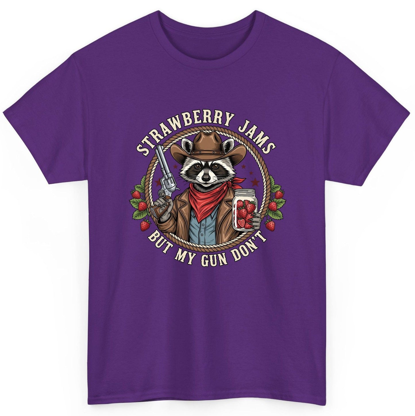 Strawberry Jams but My Gun Don't cowboy raccoon T-Shirt Purple product mockup