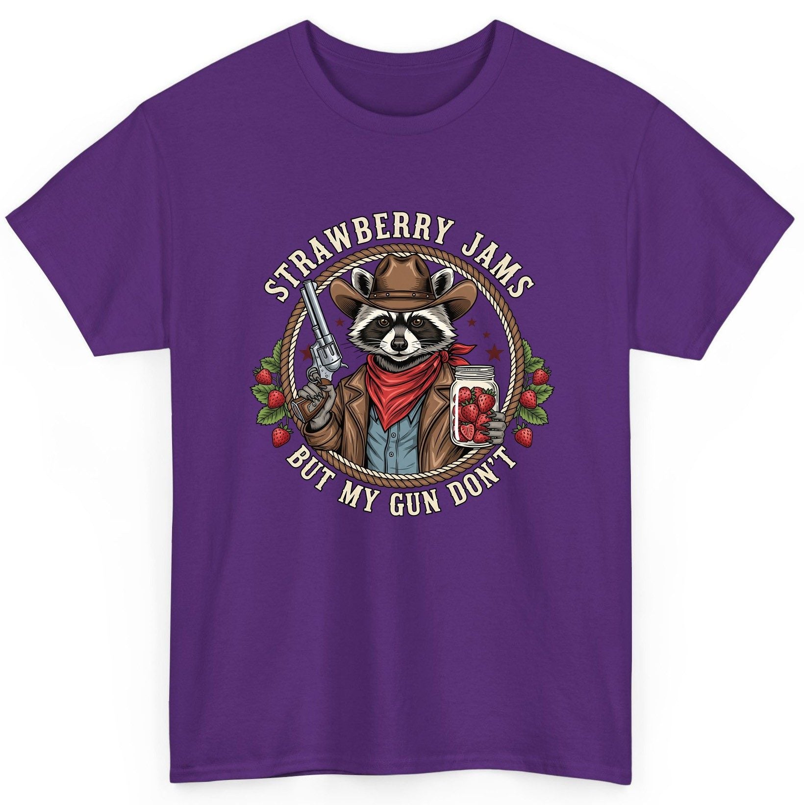 Strawberry Jams but My Gun Don't cowboy raccoon T-Shirt Purple product mockup