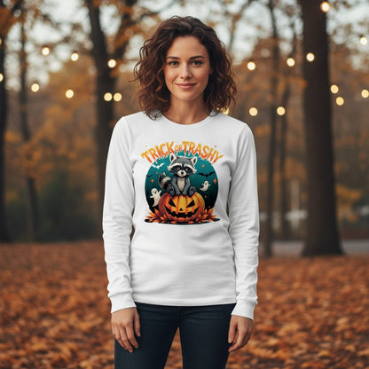 Trick or Trashy Halloween raccoon Long Sleeve Tee White lifestyle mockup