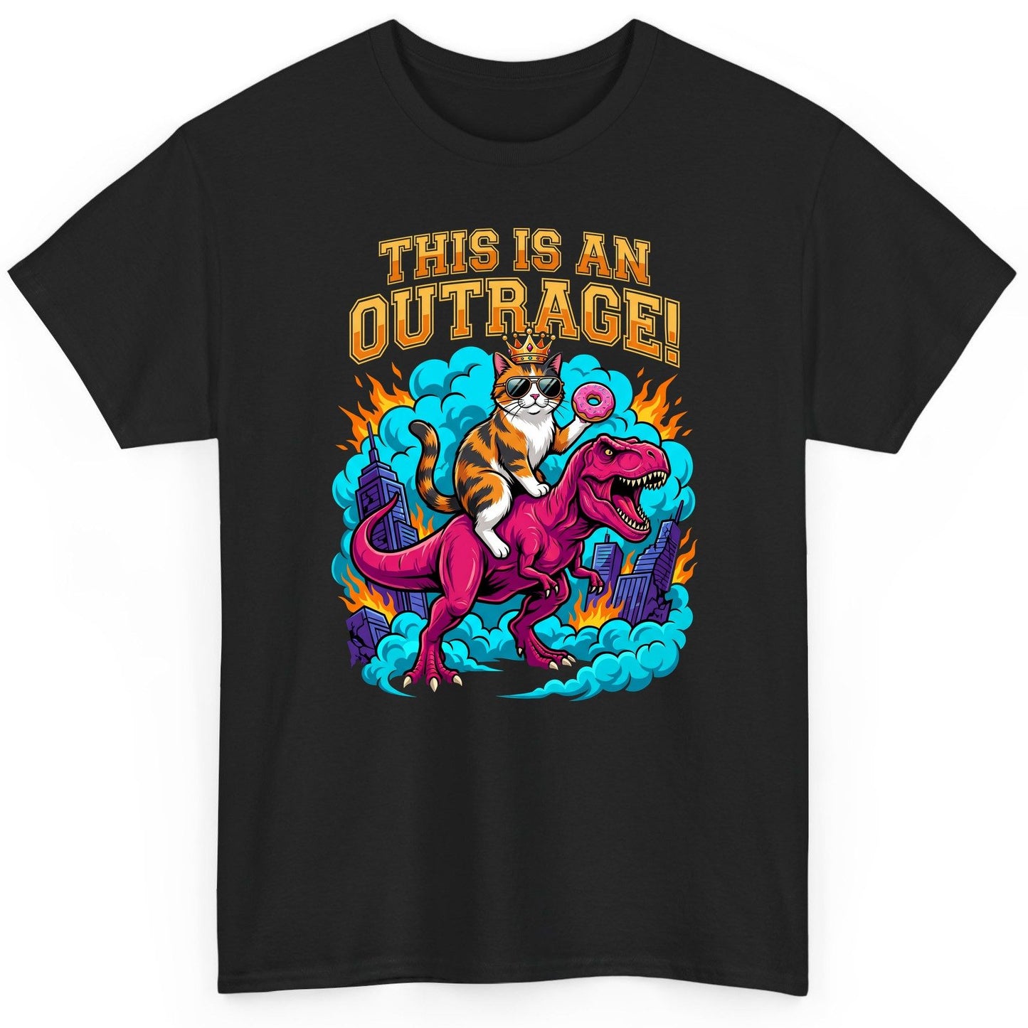 THIS IS AN OUTRAGE! Cat riding a T-Rex T-Shirt Black product mockup