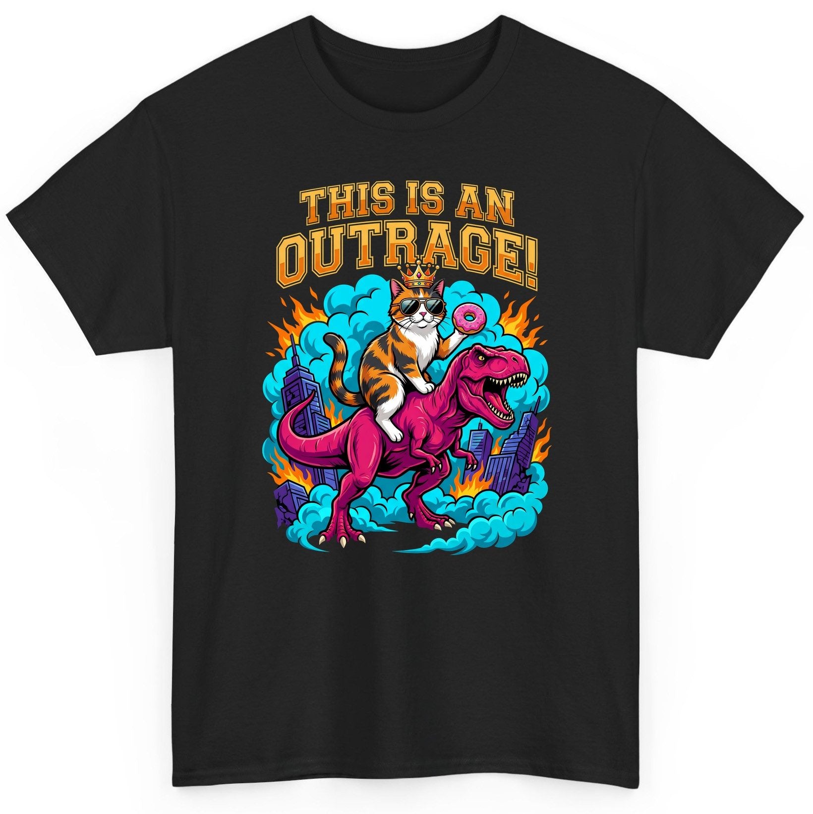 THIS IS AN OUTRAGE! Cat riding a T-Rex T-Shirt Black product mockup