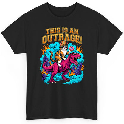 THIS IS AN OUTRAGE! Cat riding a T-Rex T-Shirt Black product mockup