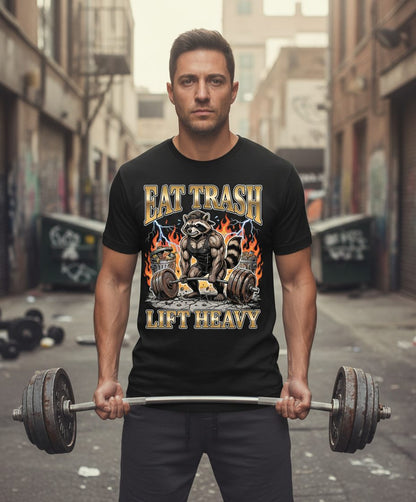 Eat Trash Lift Heavy weightlifting raccoon T-Shirt Black lifestyle mockup