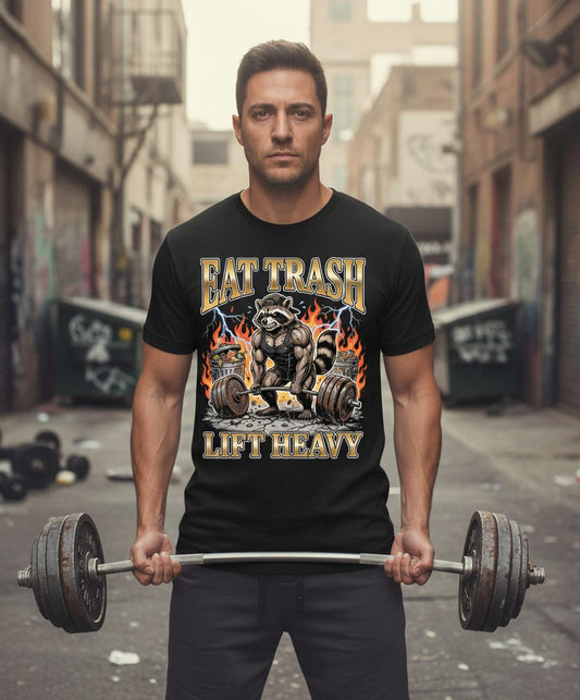 Eat Trash Lift Heavy weightlifting raccoon T-Shirt Black lifestyle mockup