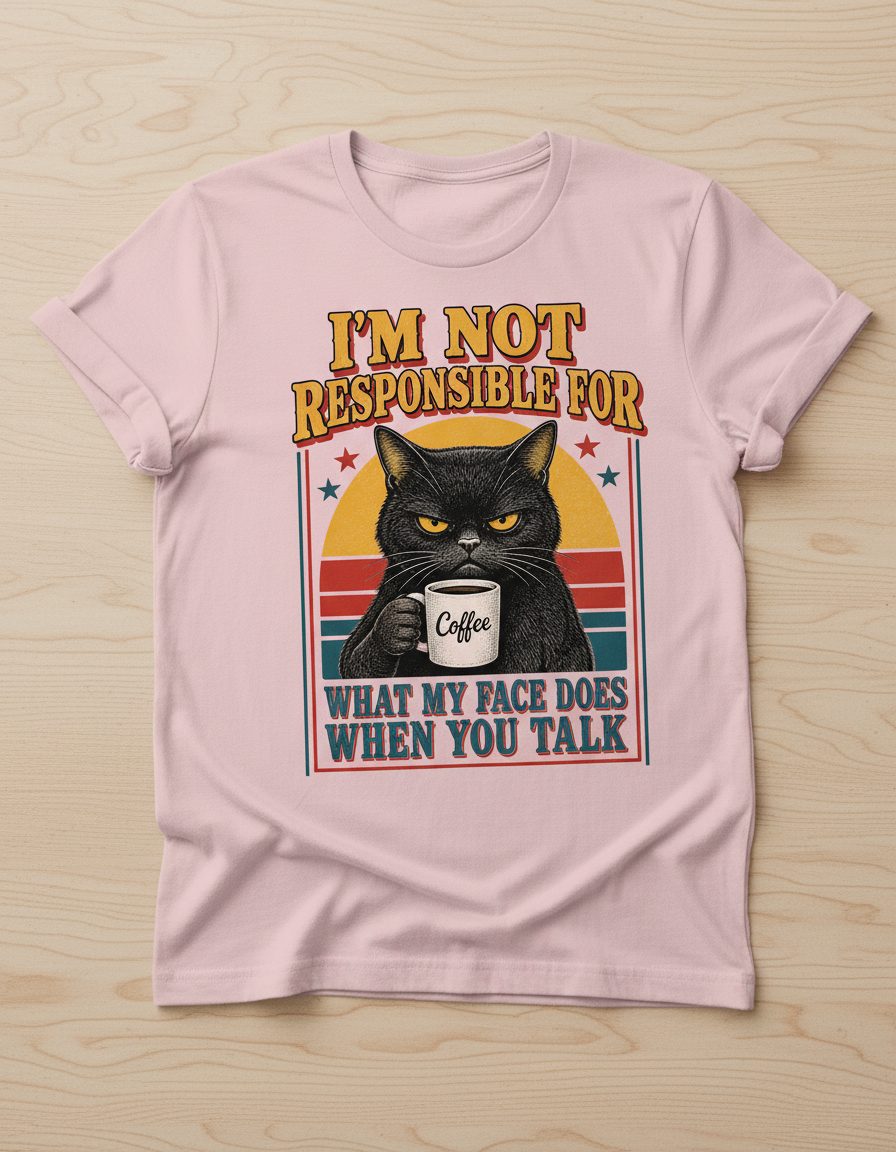 I'm Not Responsible for What My Face Does When You Talk Funny Sarcastic Cat T-Shirt - product mockup - Light Pink