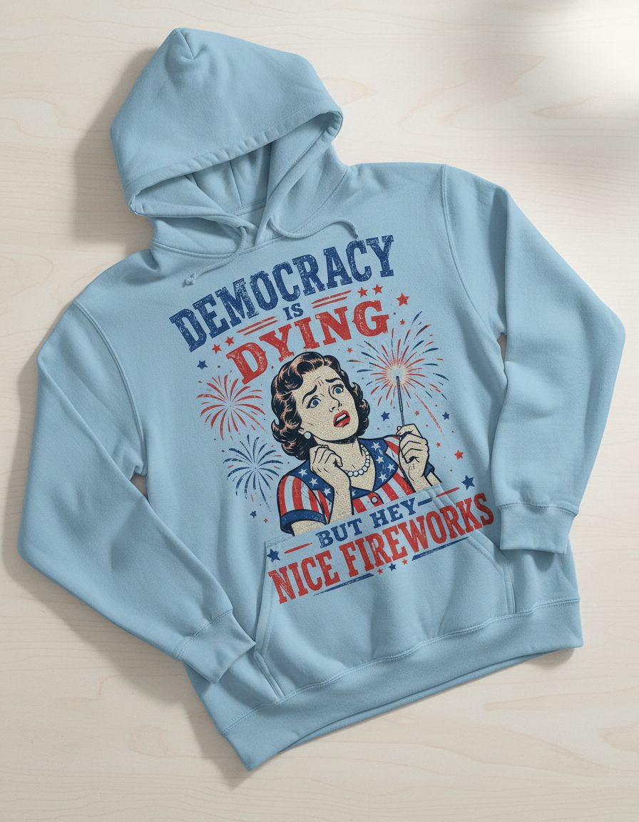 Democracy Is Dying but Hey Nice Fireworks Hoodie - product mockup - Light Blue