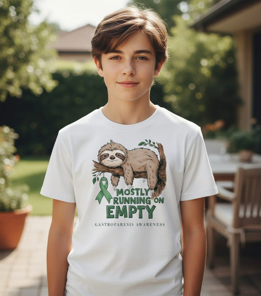 Mostly Running on Empty Gastroparesis Awareness gastroparesis awareness Youth T-Shirt White lifestyle mockup