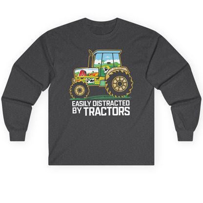 Easily Distracted by Tractors farming Long Sleeve Tee Dark Heather product mockup