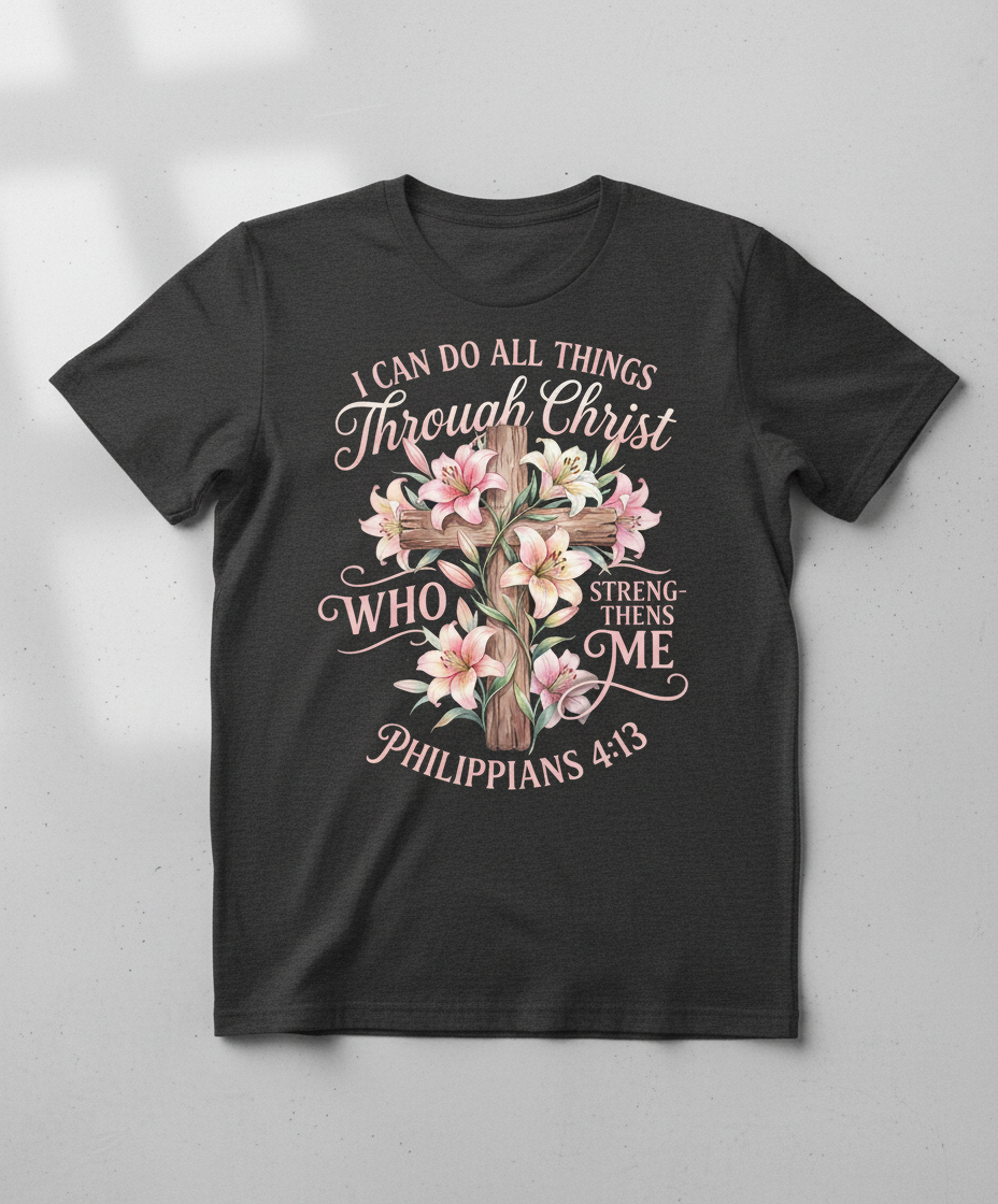 Philippians 4:13 I Can Do All Things Through Christ Cross and Lilies T-Shirt - Dark Heather