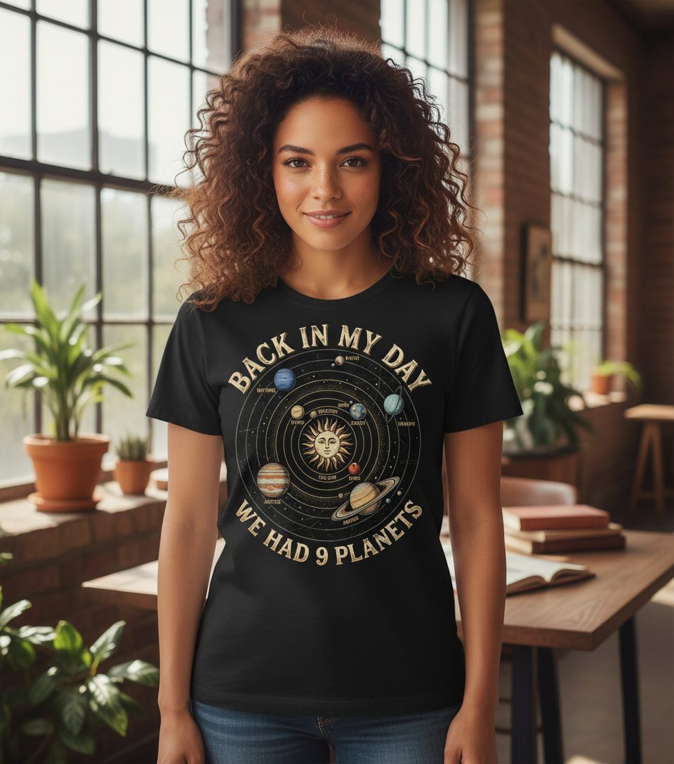 Back in My Day We Had 9 Planets solar system T-Shirt Black lifestyle mockup