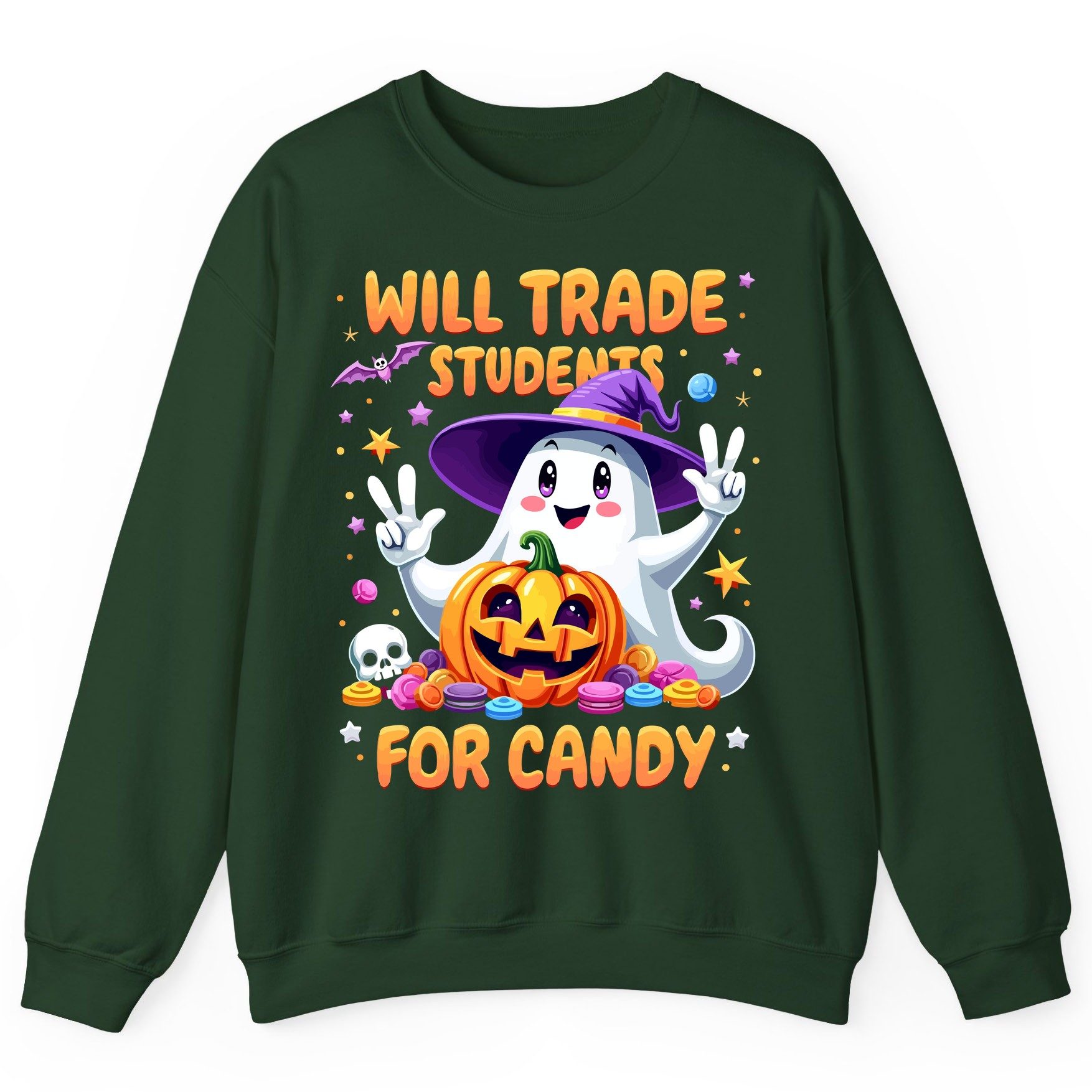Will Trade Students for Candy teacher Halloween Sweatshirt Forest Green product mockup
