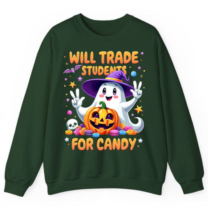 Will Trade Students for Candy teacher Halloween Sweatshirt Forest Green product mockup