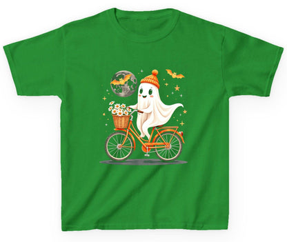 Cute Ghost on Bicycle cute ghost Youth T-Shirt Irish Green product mockup