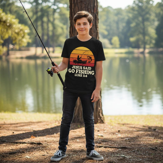 JESUS SAID GO Fishing LUKE 5 4 Retro Christian Youth T-Shirt - lifestyle model mockup - Black