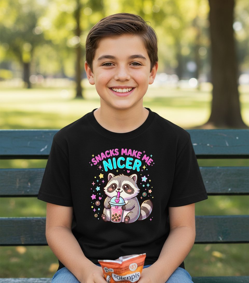 SNACKS MAKE ME NICER Funny Raccoon Youth T-Shirt - lifestyle model mockup - Black